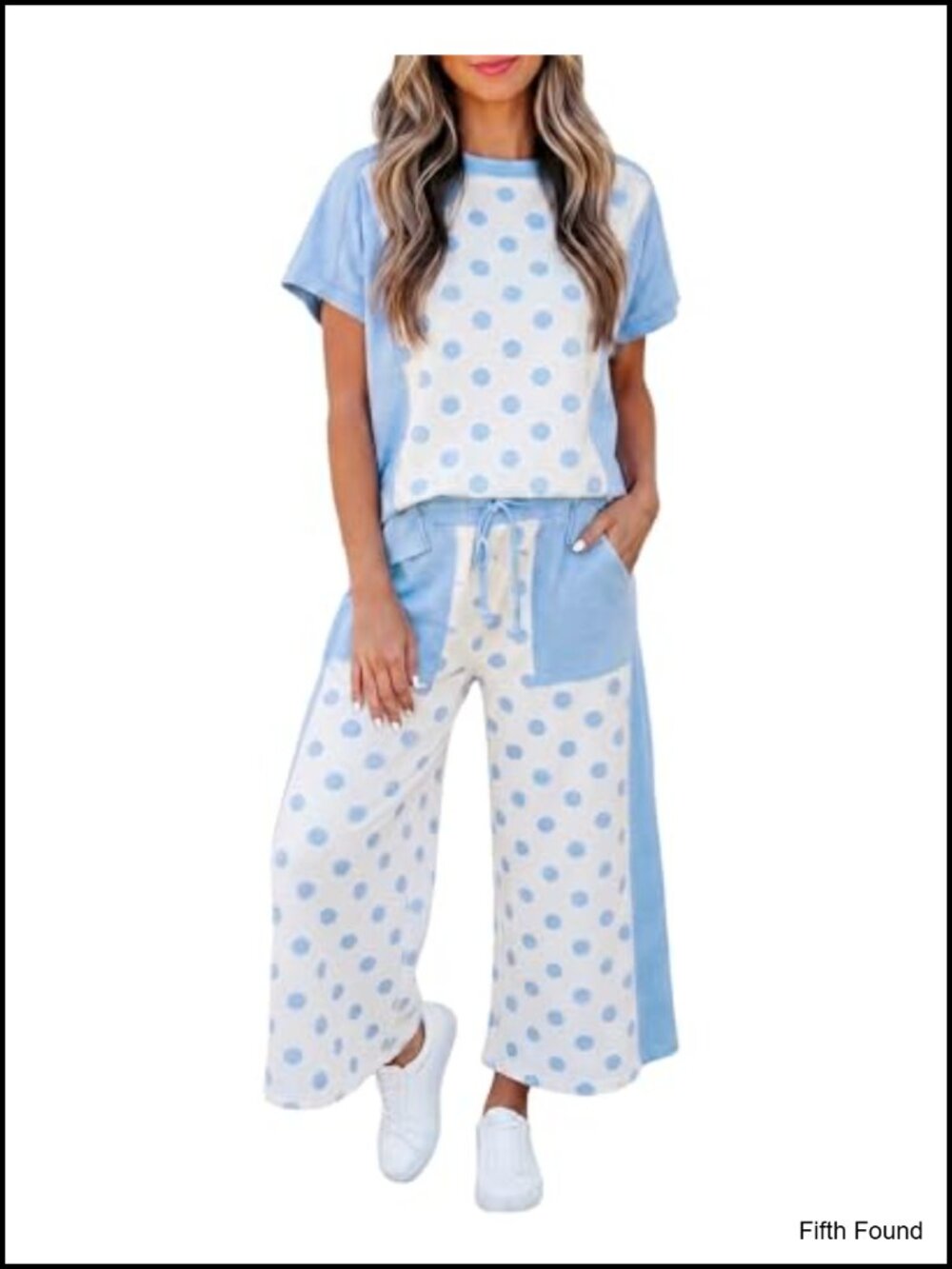 Polka Dot 2 Piece Set Short Sleeve Tee Wide Leg Drawstring Pants Pockets